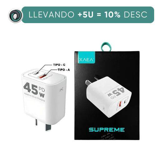 CARGADOR CABEZAL CELULAR 5A 45W USB Y USB TIPO C CARGA RAPIDA PD ONLY MOD504