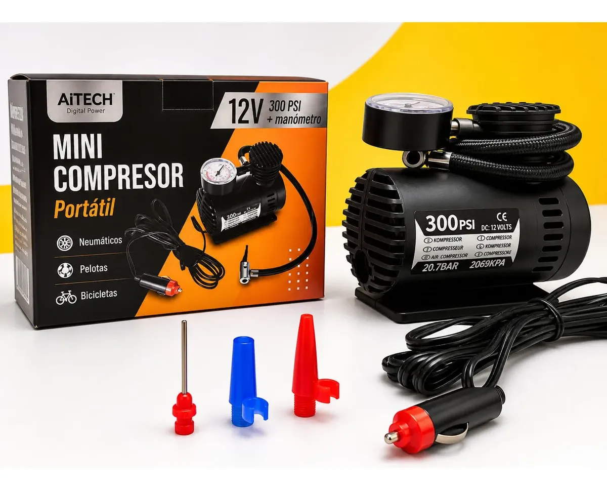 Mini Compresor Para Auto 12V 300 /psi + Manometro Aitech